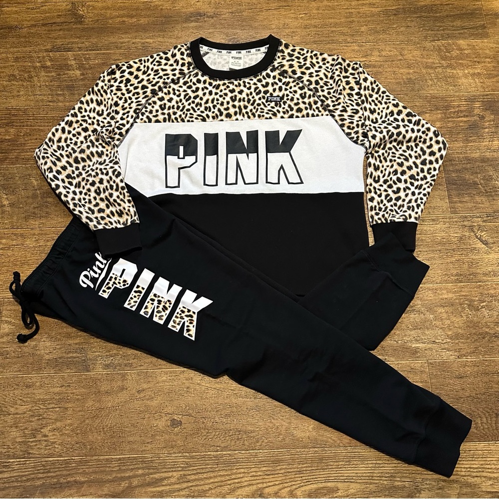 VS PINK MEDIUM BOYFRIEND CREW & MATCHING GYM PANT LEOPARD LOGOS